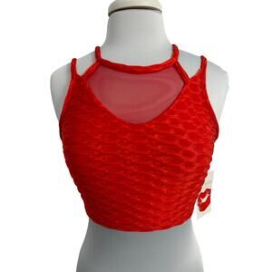 Hot Kiss NWT Jr Women M Y2K High Risk Red Strappy Mesh Halter Woven Crop Top